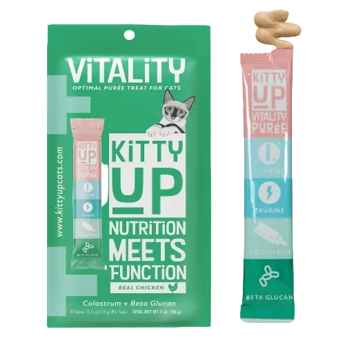 Kitty Up Vitality chicken puree for cats, four-pack pouch beside a single tube topped with puree.