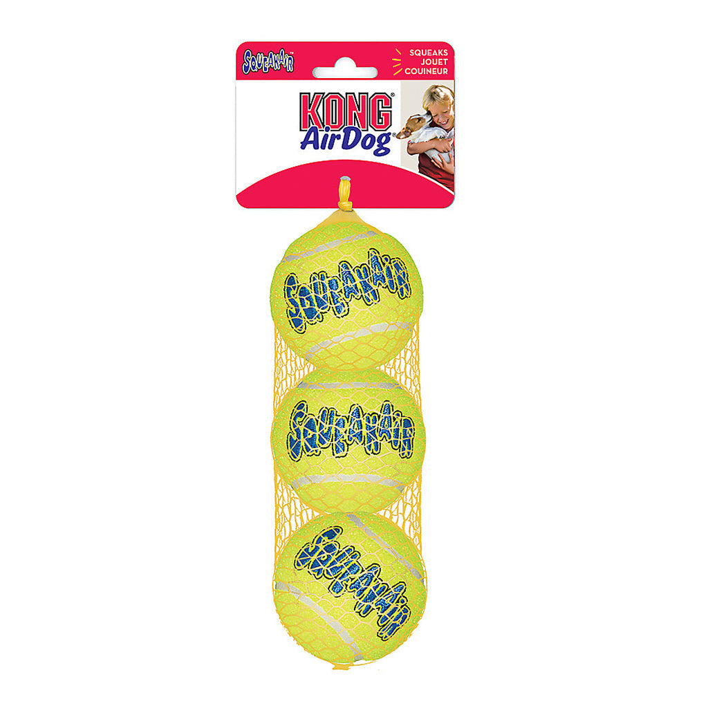 KONG SqueakAir medium three-pack of yellow tennis balls stacked in mesh retail packaging.