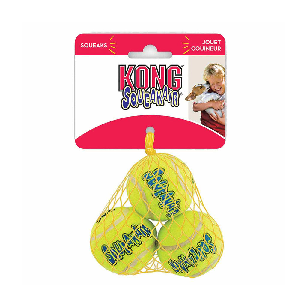 KONG SqueakAir small three-pack of yellow tennis balls in a mesh bag with branded header card.