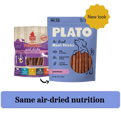 Old Plato Thinkers seal sticks lamb recipe packaging next to new Plato air-dried meat sticks lamb recipe 10oz packaging. New look, same nutrition