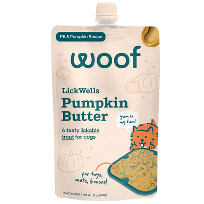 Woof LickWells Pumpkin Butter 12oz. A tasty lickable treat for dogs