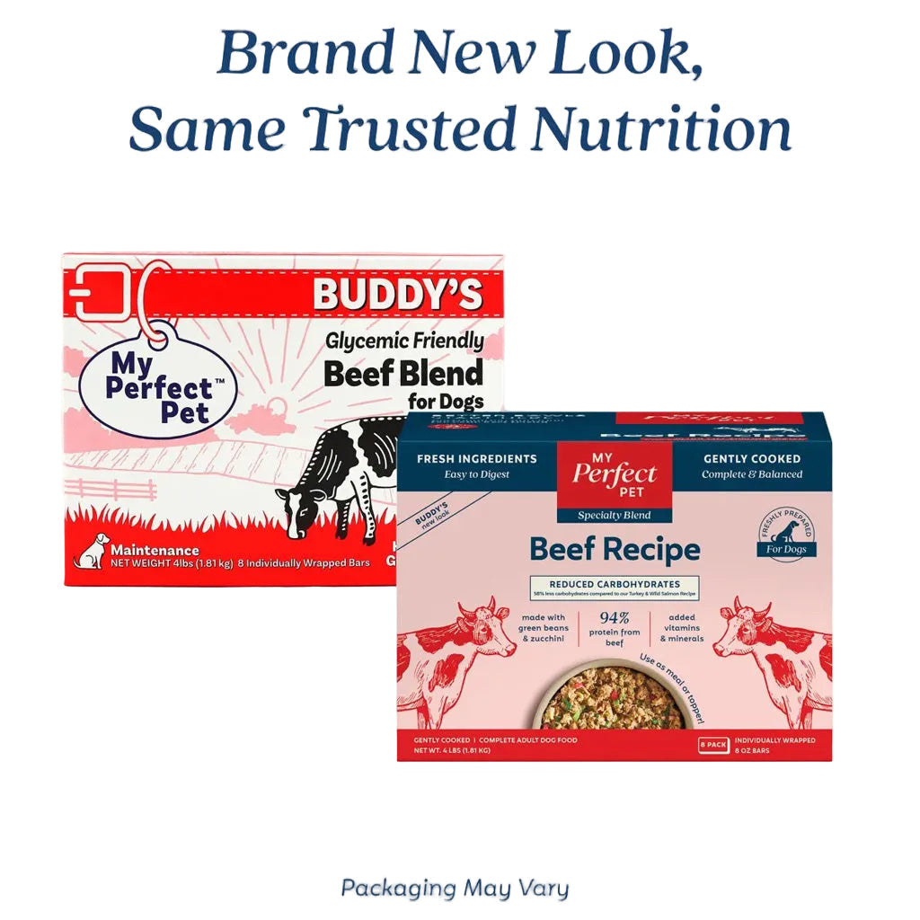 old my perfect pet buddy's packaging next to new reduced carbohydrates beef recipe packaging