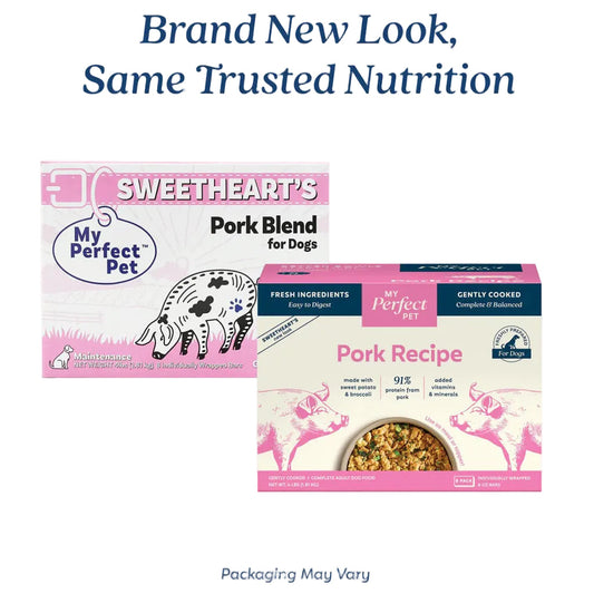old my perfect pet sweetheart's packaging next to new pork recipe packaging. Brand New Look, Same Trusted Nutrition. Packaging May Vary