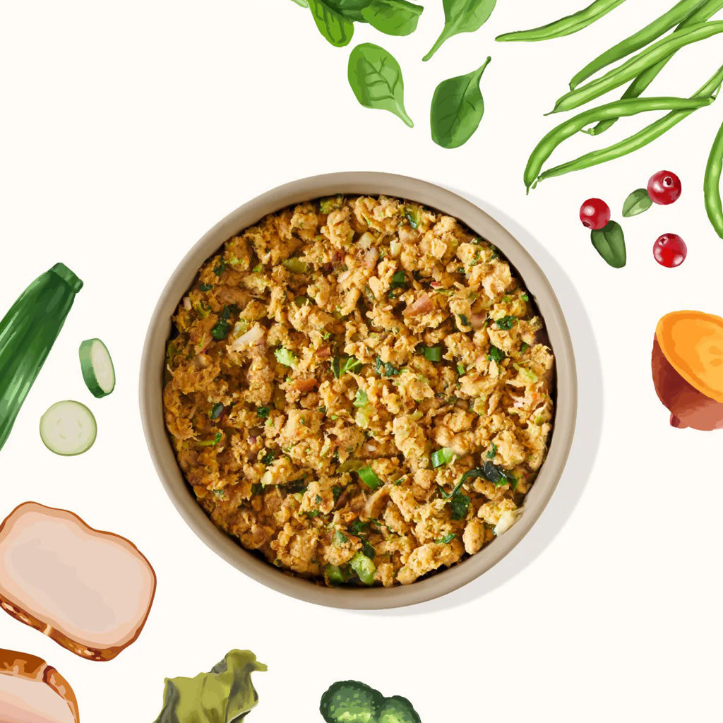 Bowl of my perfect pet pork recipe surrounded by illustrations of ingredients, including spinach, green beans, and sweet potato