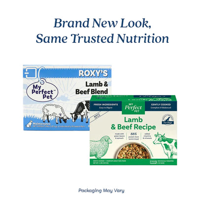 My Perfect Pet old Roxy's lamb and beef blend box next to new lamb and beef recipe box. Brand new look, same trusted nutrition. Packaging may vary
