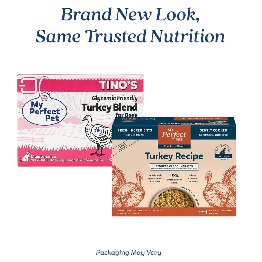 Old My Perfect Pet Tino's packaging next to new My Perfect Pet Reduced Carbohydrate Turkey recipe packaging. Brand new Look, Same Trusted Nutrition. Packaging May Vary