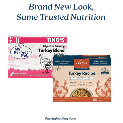 Old My Perfect Pet Tino's packaging next to new My Perfect Pet Reduced Carbohydrate Turkey recipe packaging. Brand new Look, Same Trusted Nutrition. Packaging May Vary
