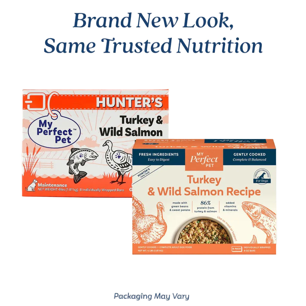 old my perfect pet hunter's packaging next to new turkey and wild salmon recipe packaging. Brand New Look, Same Trusted Nutrition. Packaging May Vary