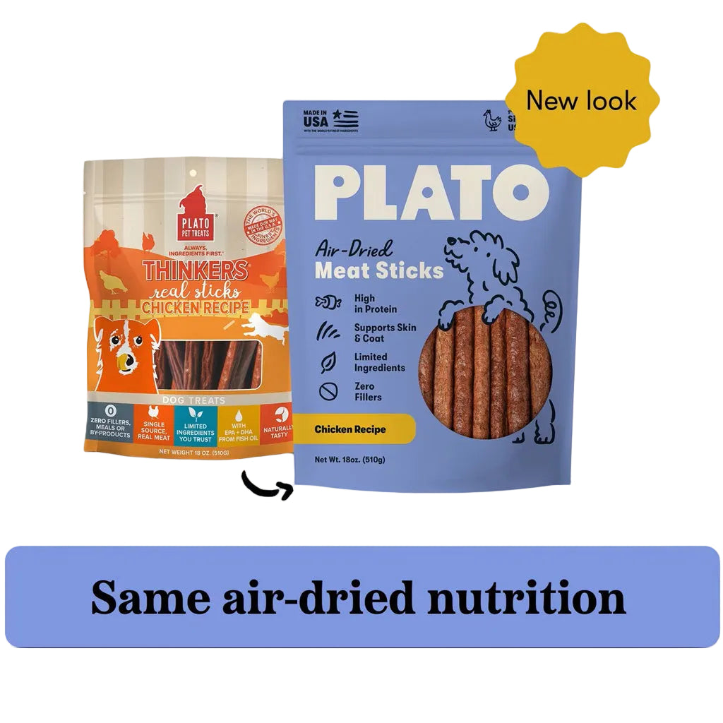 Plato thinkers seal sticks chicken recipe old packaging next to new plato air-dried meat sticks chicken recipe 10oz packaging. New look, same air-dried nutrition