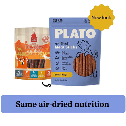Plato thinkers seal sticks chicken recipe old packaging next to new plato air-dried meat sticks chicken recipe 10oz packaging. New look, same air-dried nutrition