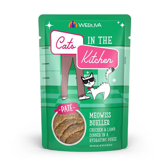 Weruva Cats in the Kitchen Meowiss Bueller chicken and lamb dinner in a hydrating puree 3oz pouch