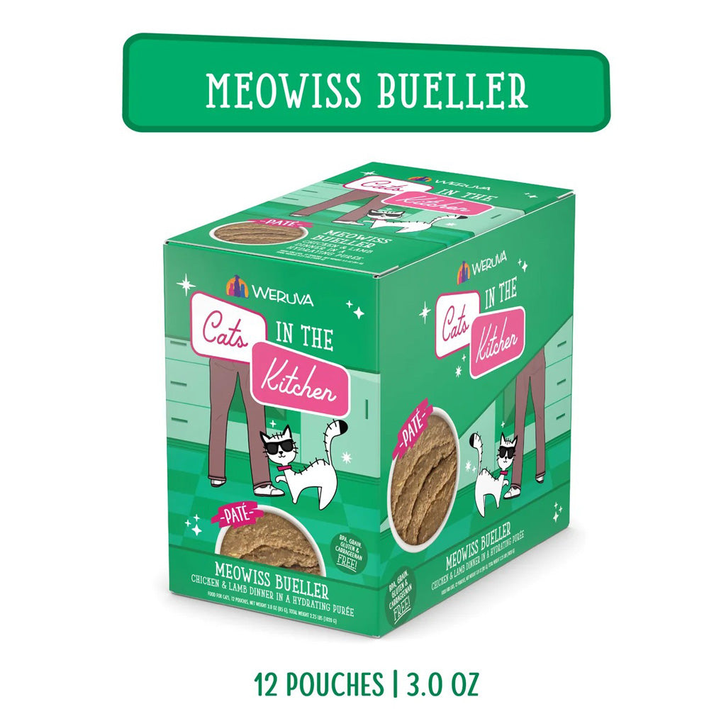 Weruva Cats in the Kitchen Meowiss Bueller chicken and lamb dinner in a hydrating puree case of 12 3oz pouches