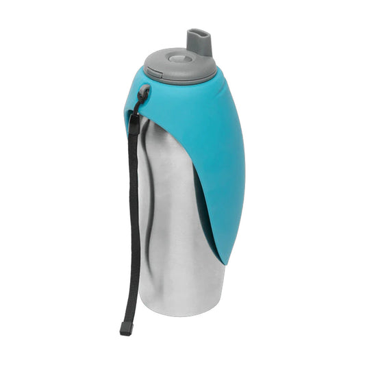 Messy Mutts stainless steel travel water bottle with a folded blue silicone drinking bowl, gray cap, and black carrying strap.