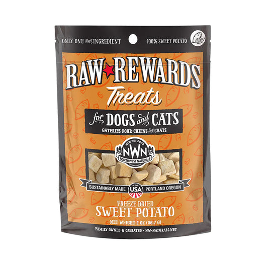 Northwest Naturals Raw Rewards freeze-dried sweet potato treats for dogs and cats, front of 2 oz bag