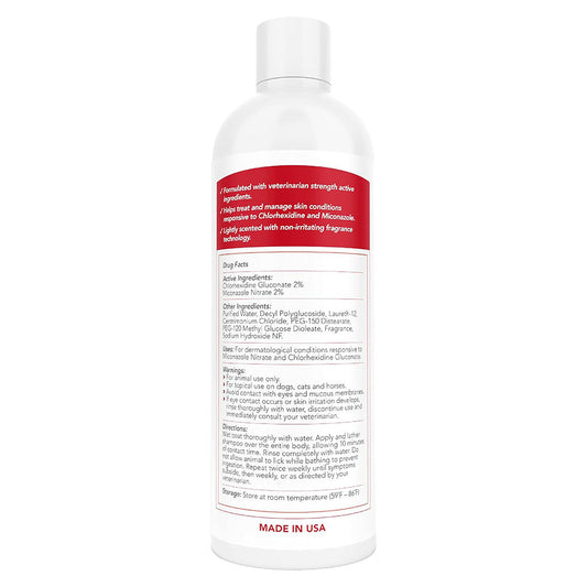 Medicated Antimicrobial Pet Shampoo 8oz back of bottle. 