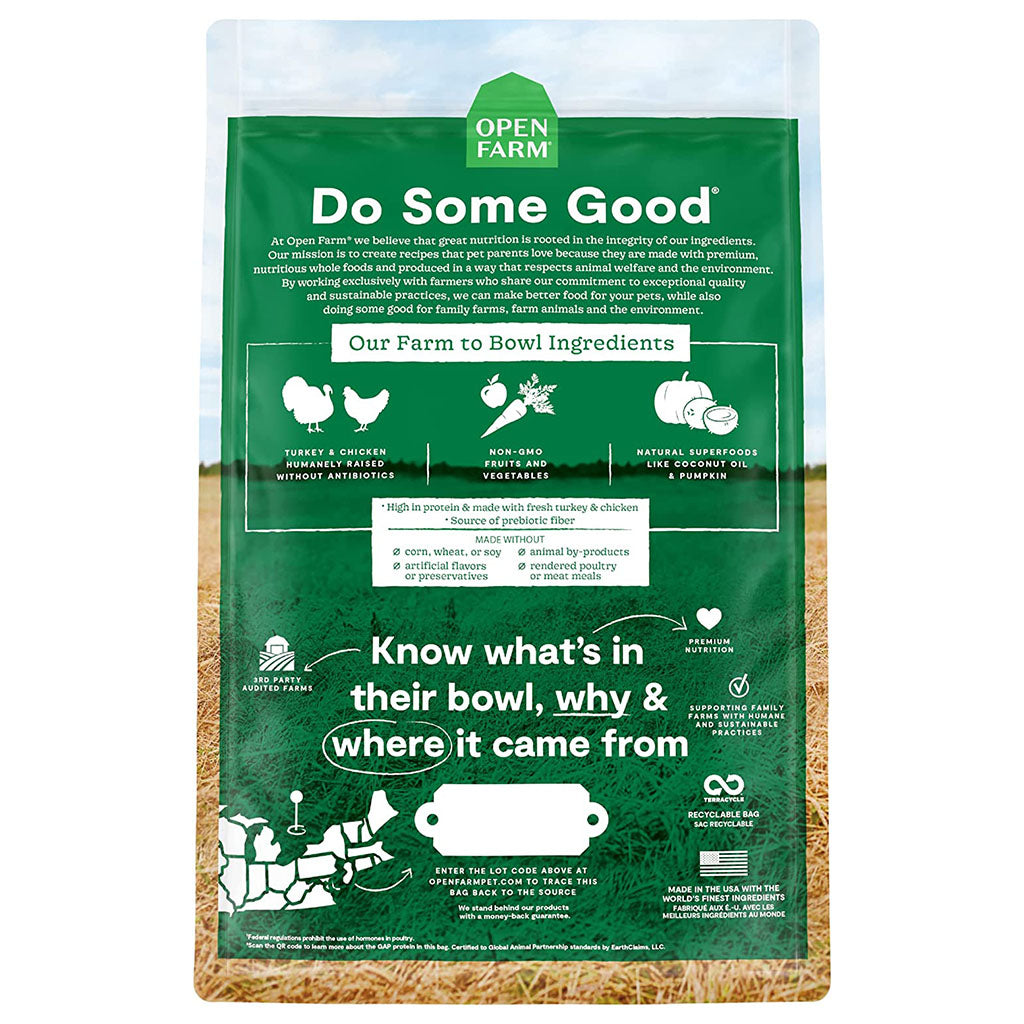 Homestead Turkey & Chicken Grain-Free Recipe for Dogs back of bag.