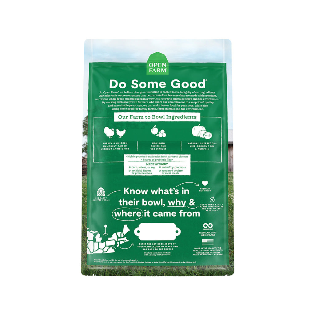 Homestead Turkey & Chicken Grain-Free Cat Kibble back of bag. 