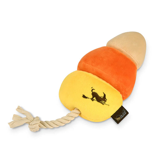 P.L.A.Y. Canine Corn plush dog toy with cream, orange, and yellow candy-corn sections and a knotted fabric rope.