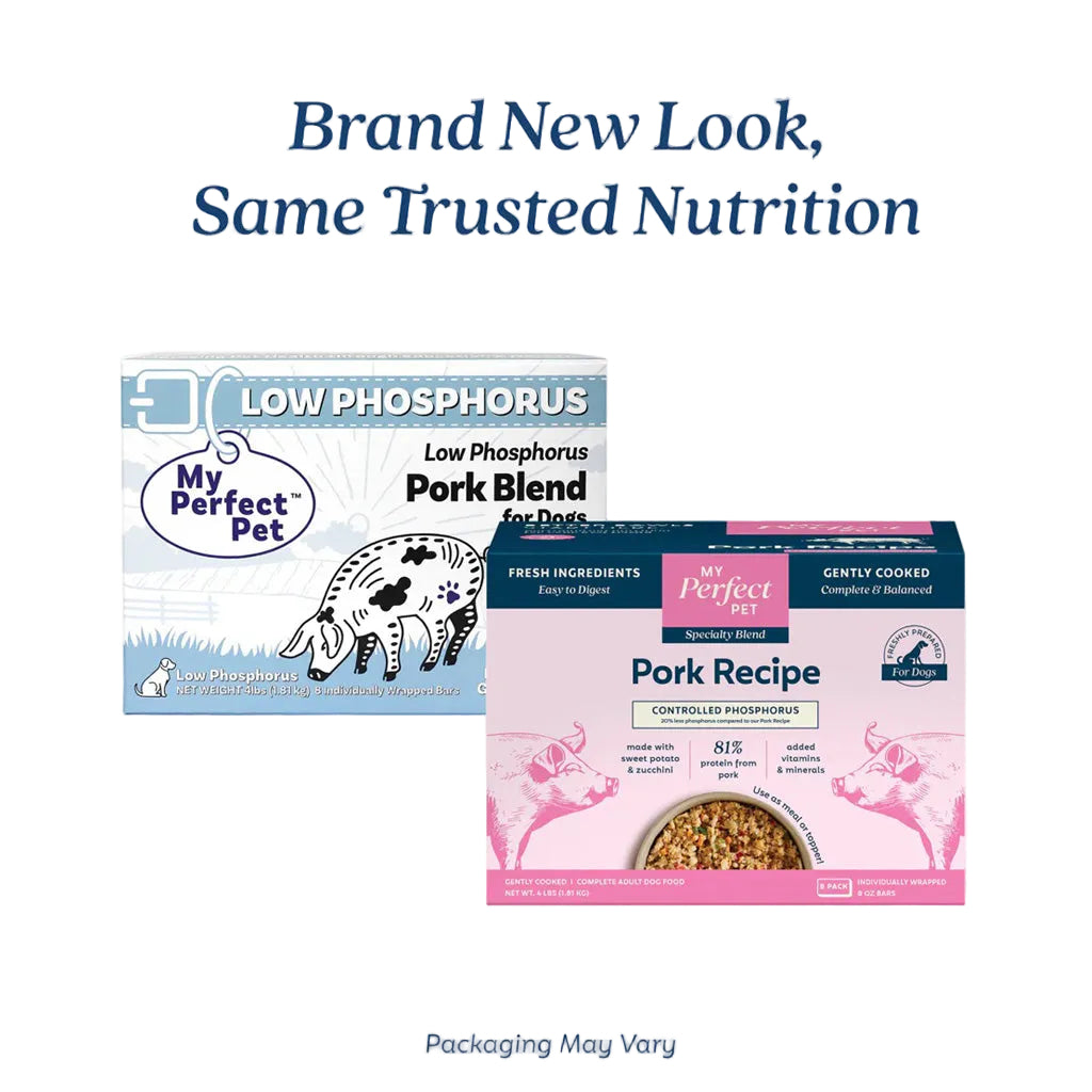 Old My Perfect Pet Low Phosphorous Pork Blend packaging next to new Controlled Phosphorous pork recipe packaging. Brand New Look, Same Trusted Nutrition. Packaging May Vary