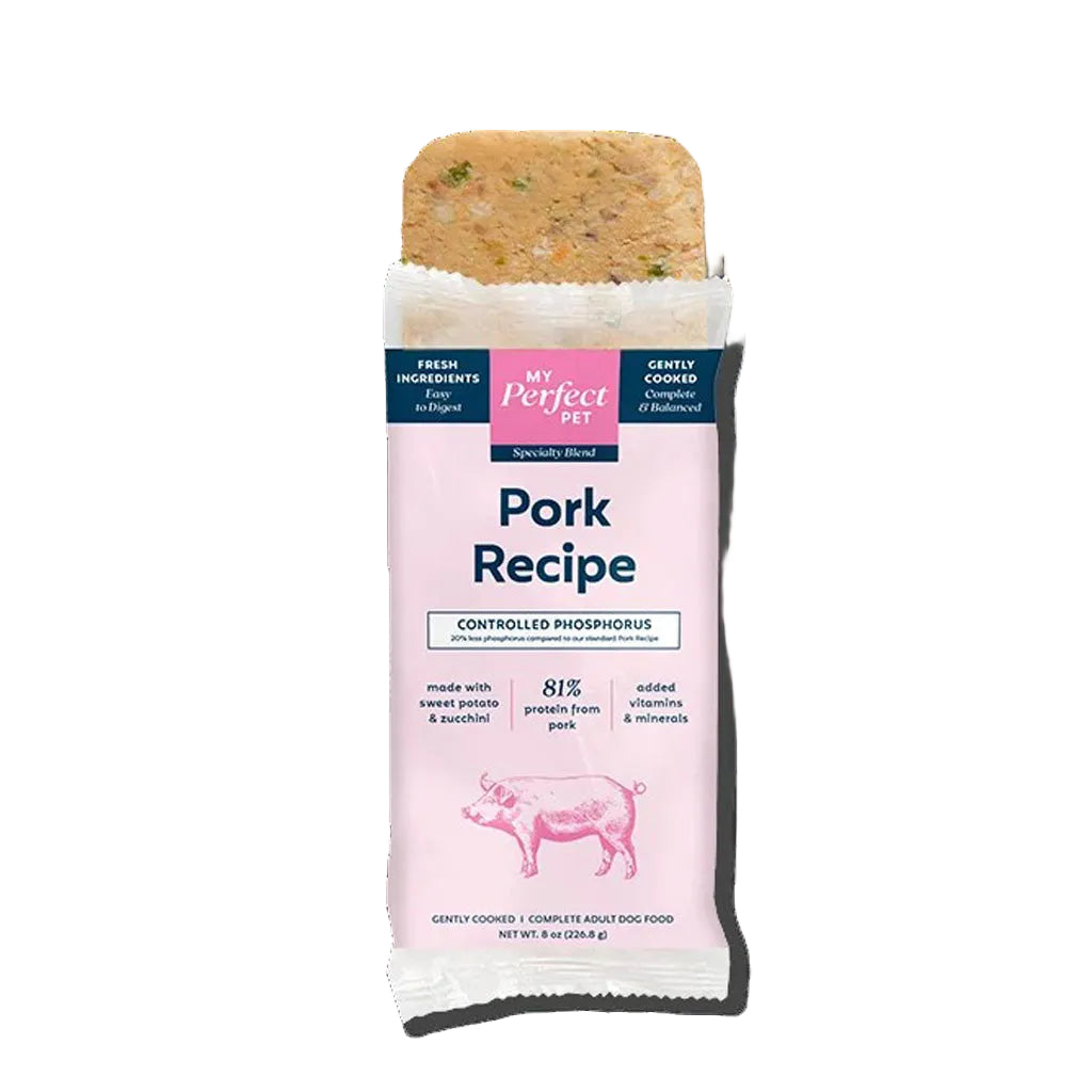 Single my Perfect Pet controlled phosphorous pork recipe bar half out of its packaging
