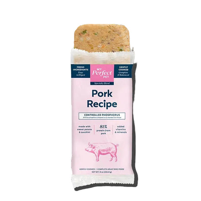 Single my Perfect Pet controlled phosphorous pork recipe bar half out of its packaging