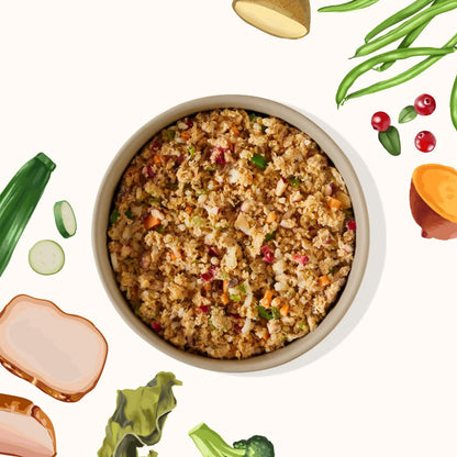 Bowl of My Perfect Pet controlled phosphorous pork recipe surrounded by illustrations of its ingredients, including broccoli, cranberries, and sweet potato