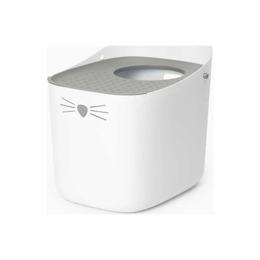 White Catit PIXI top-entry litter box with a gray perforated lid, oval entry opening, and cat nose and whiskers on the front.