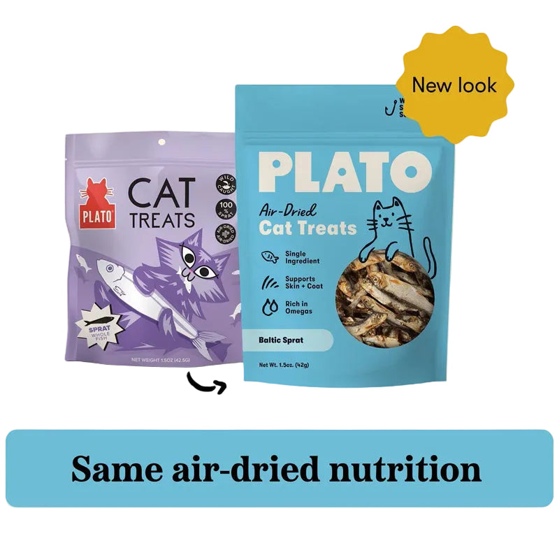 Plato Air-dried cat treats baltic sprat 1.5oz old packaging next to new packaging. New look, same air-dried nutrition