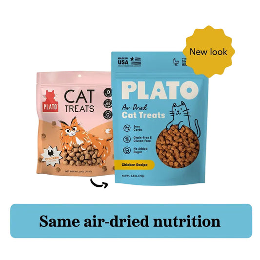 Plato air-dried cat treats chicken recipe 2.5oz old packaging next to new packaging. New look, same air-dried nutrition