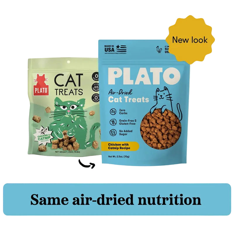 Plato air-dried cat treats chicken with catnip recipe oz old packaging next to new packaging. New look, same air-dried nutrition.