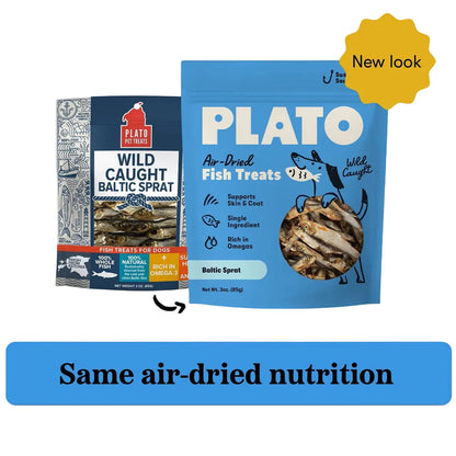 Plato wild caught baltic sprat old packaging next to new Plato air-dried fish treats baltic sprat packaging. New look, same air-dried nutrition