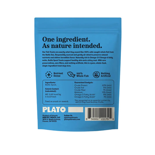 Plato air-dried fish treats baltic sprat back of packaging