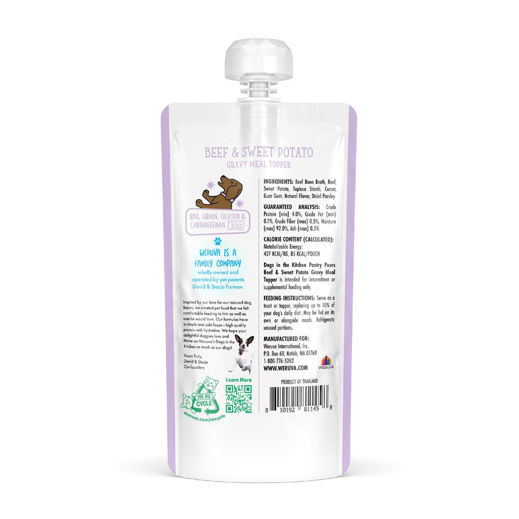 Weruva Dogs in the Kitchen Pantry Pours Beef and Sweet Potato Gravy Meal Topper 7oz back of pouch