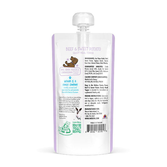 Weruva Dogs in the Kitchen Pantry Pours Beef and Sweet Potato Gravy Meal Topper 7oz back of pouch