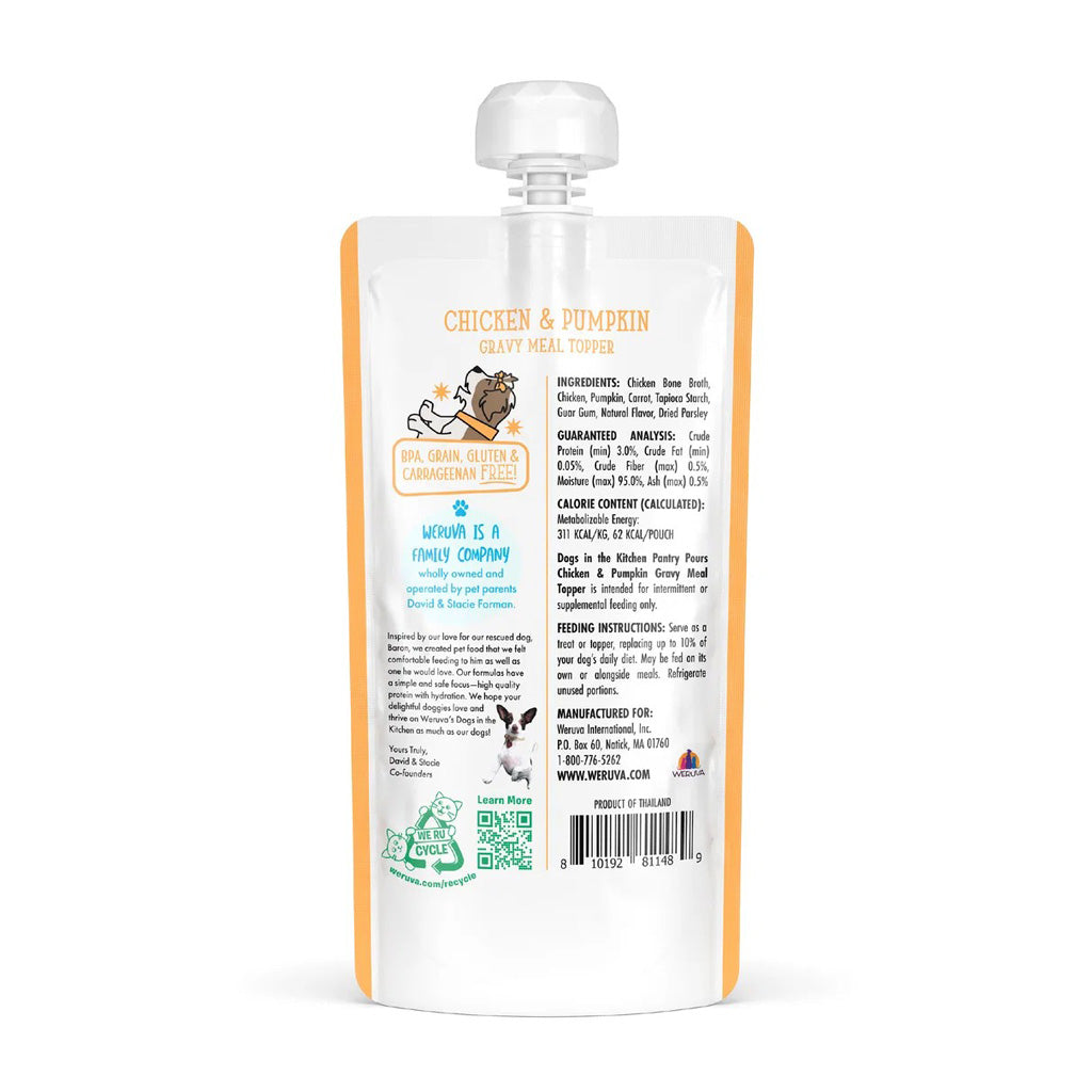 Weruva Dogs in the Kitchen Pantry Pours Chicken and Pumpkin Gravy Meal Topper 7oz back of pouch