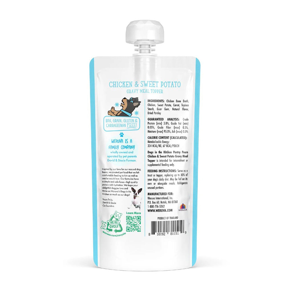 Weruva Dogs in the Kitchen Pantry Pours Chicken and Sweet Potato Gravy Meal Topper 7oz back of pouch