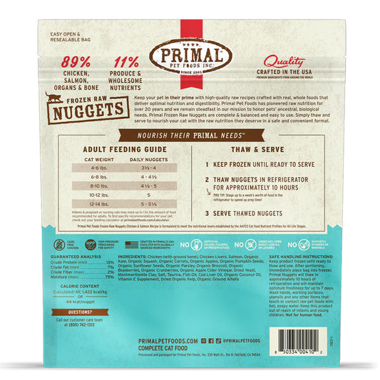 Chicken & Salmon Frozen Raw Cat Food 3lb back of bag.