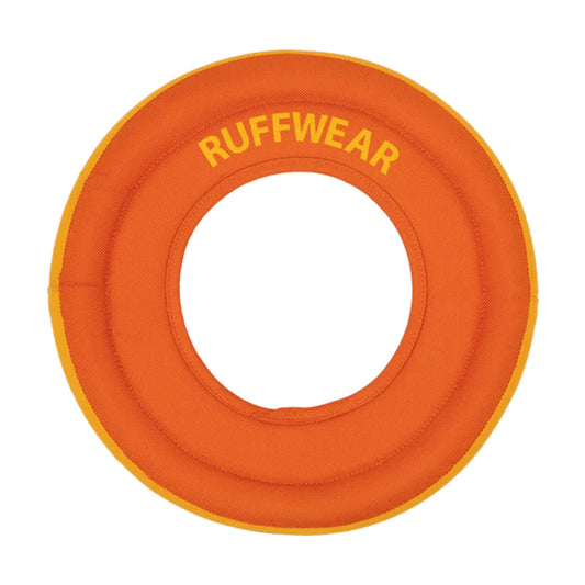 Campfire Orange Ruffwear Hydro Plane floating ring toy with yellow trim and Ruffwear lettering, shown from above.