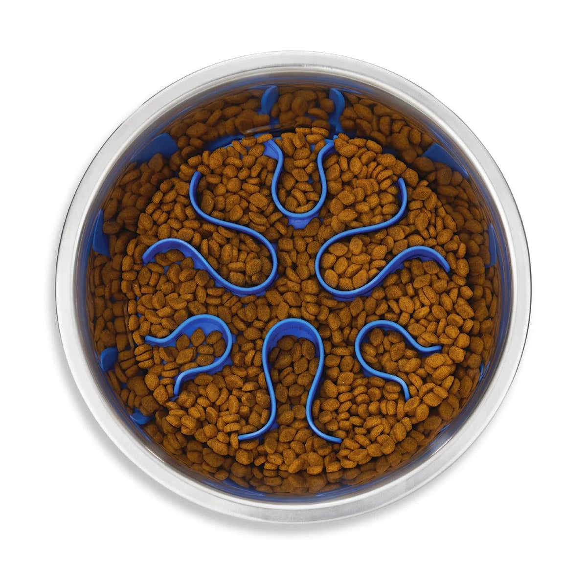 Top view of an Outward Hound stainless steel Fun Feeder Slo Bowl filled with kibble around a purple slow-feeding maze insert.