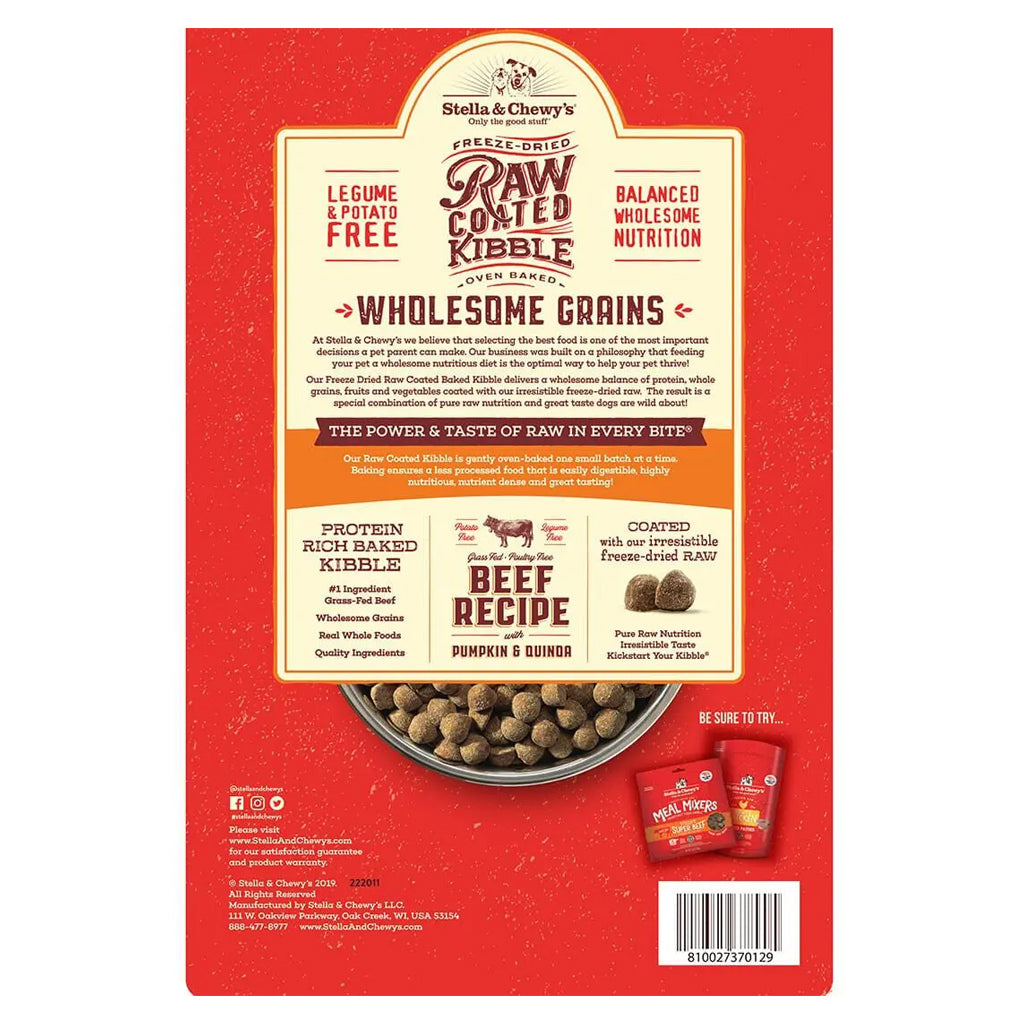 Back of Beef with Pumpkin & Quinoa Raw Coated Kibble Wholesome Grains bag.
