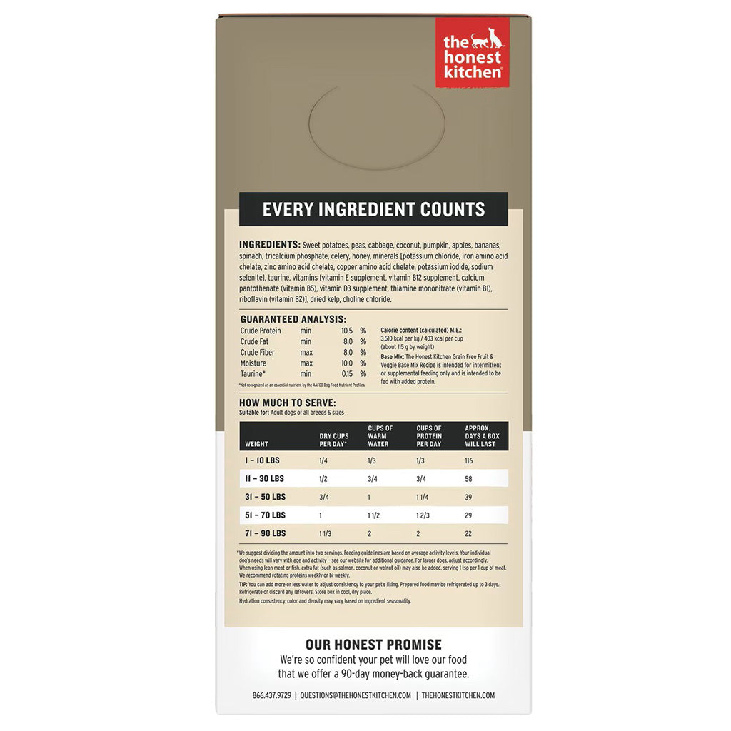 The Honest Kitchen Wholemade base mix grain free fruit and veggie recipe side of box