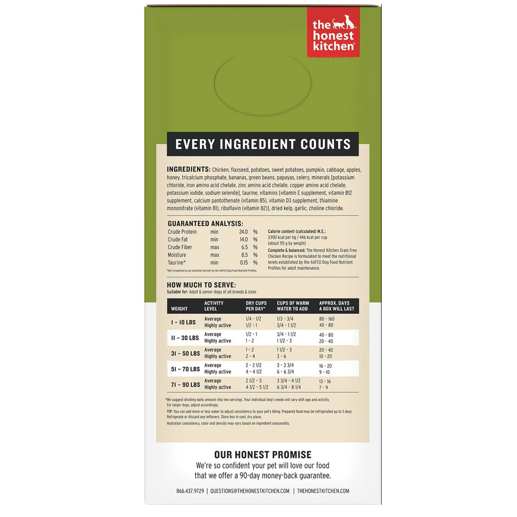 The Honest Kitchen Wholemade grain free chicken recipe side of box