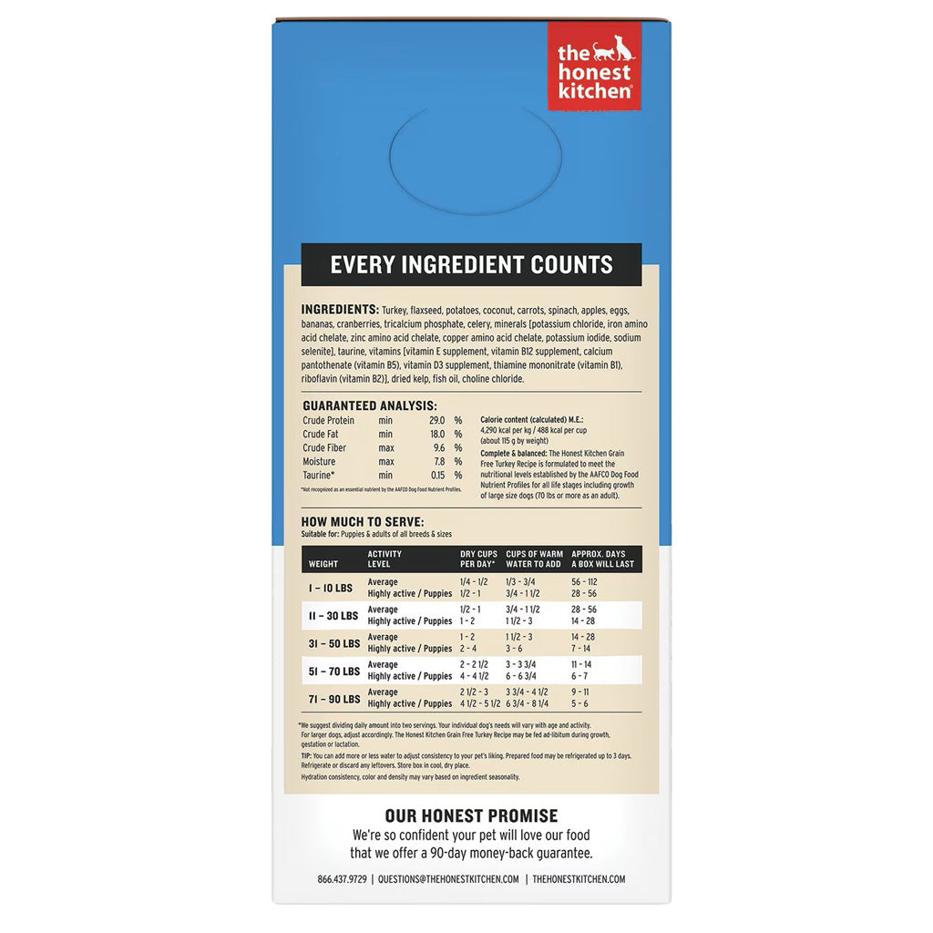 The Honest Kitchen Wholemade grain free turkey recipe side of box