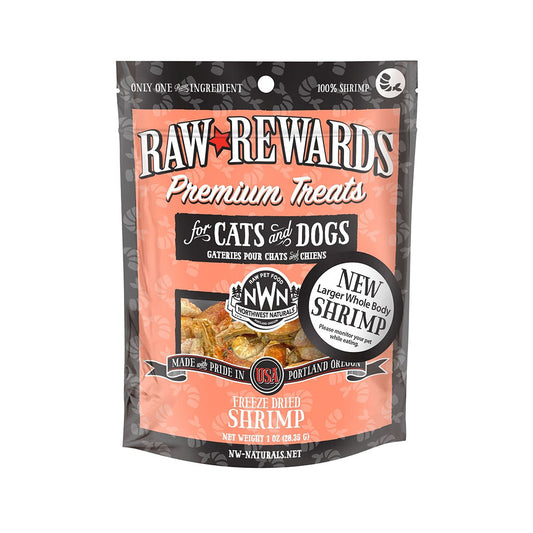 Northwest Naturals Raw Rewards freeze-dried shrimp treats for cats and dogs, front of 1 oz bag
