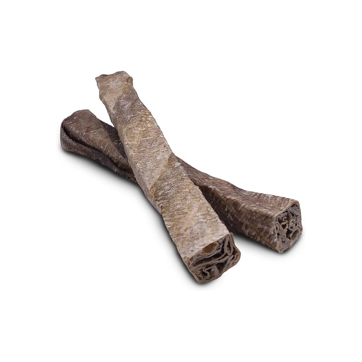 Two Gunni’s cod skin chewy sticks crossed on a white background
