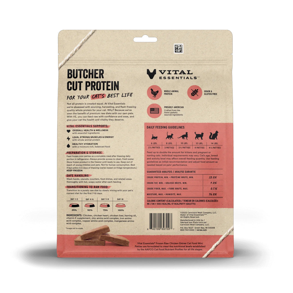 Chicken Patties Frozen Raw Cat Food 28oz back of bag.