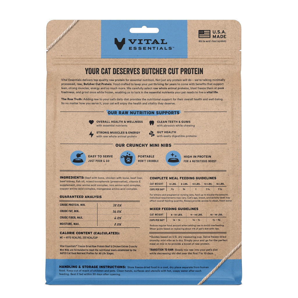 Beef & Chicken Mini Nibs Freeze-Dried for Cats 12oz back of bag 