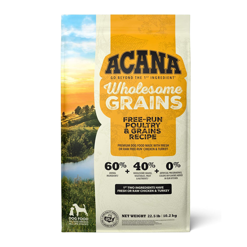 Front of ACANA Wholesome Grains Free-Run Poultry Recipe dry dog food bag with a yellow label.