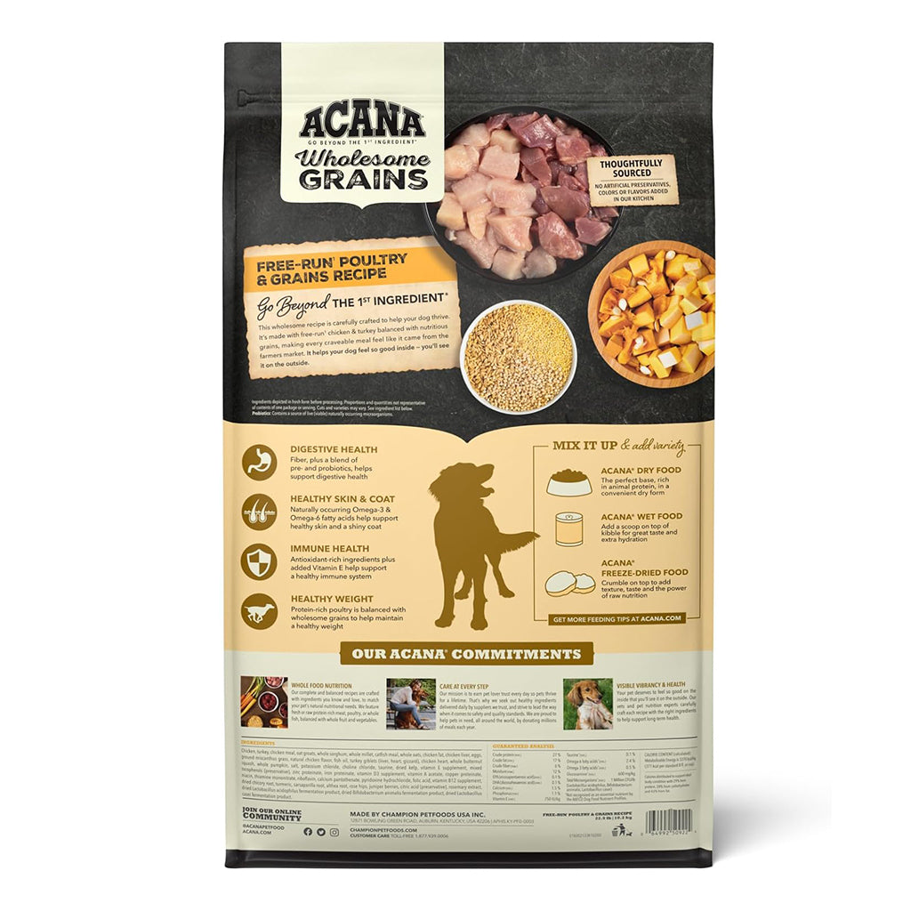 Back of ACANA Wholesome Grains Free-Run Poultry Recipe dog food bag, showing ingredients, nutrition information, and feeding guidance.