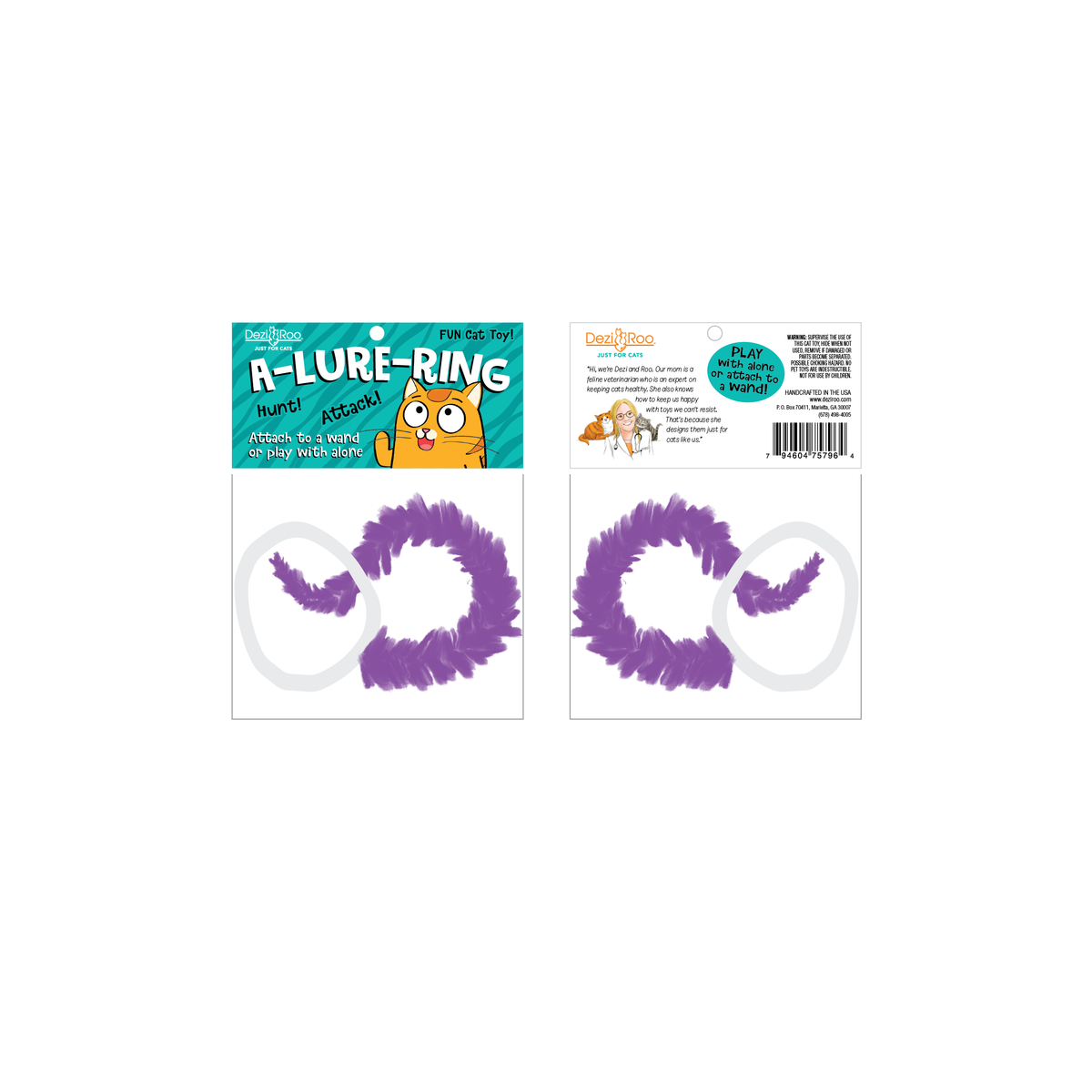 Front and back packaged Dezi & Roo A-Lure-Ring cat wand attachment with a white ring and curled purple fuzzy tail.